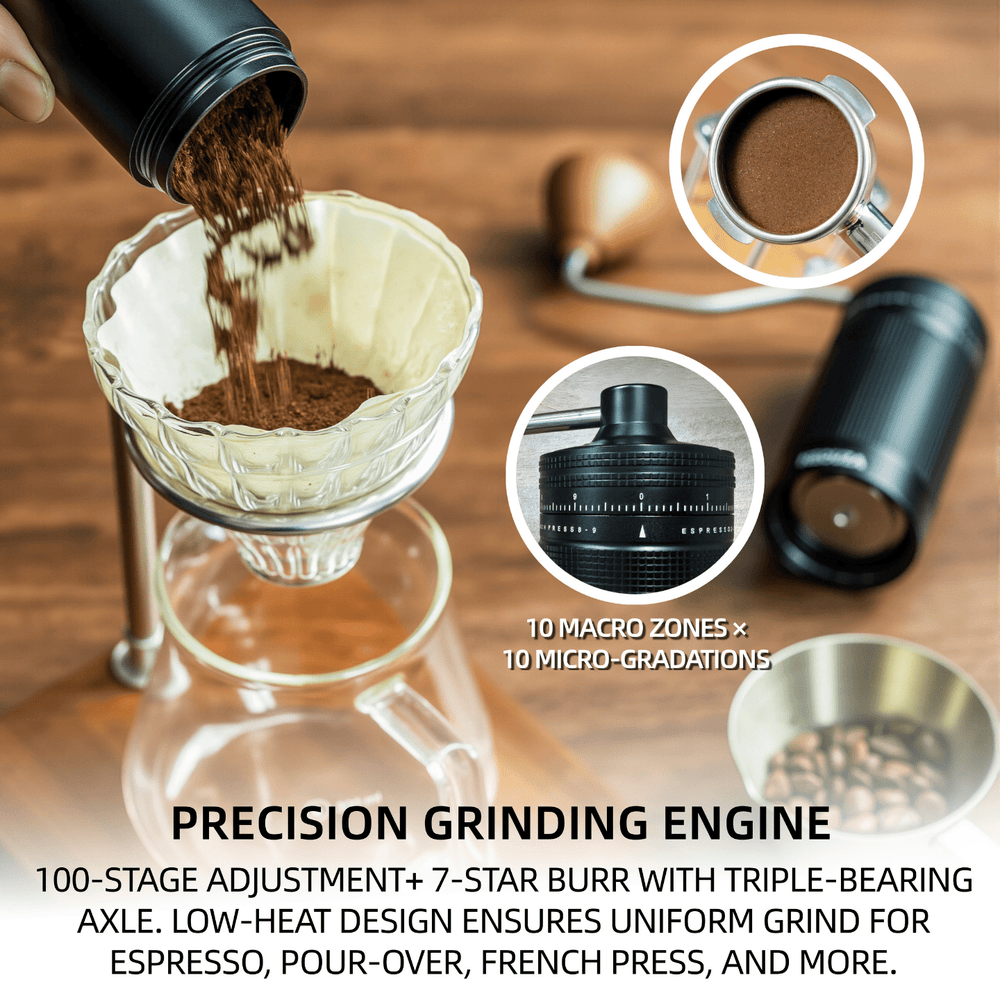 NEOUZA Professional Manual Coffee Grinder with 100 Adjustable Clicks, 7-Point 420 Stainless Steel Burr (Extreme Wear Resistance), Aircraft Aluminum for Espresso, Pour Over, French Press - NEOUZA Official Website